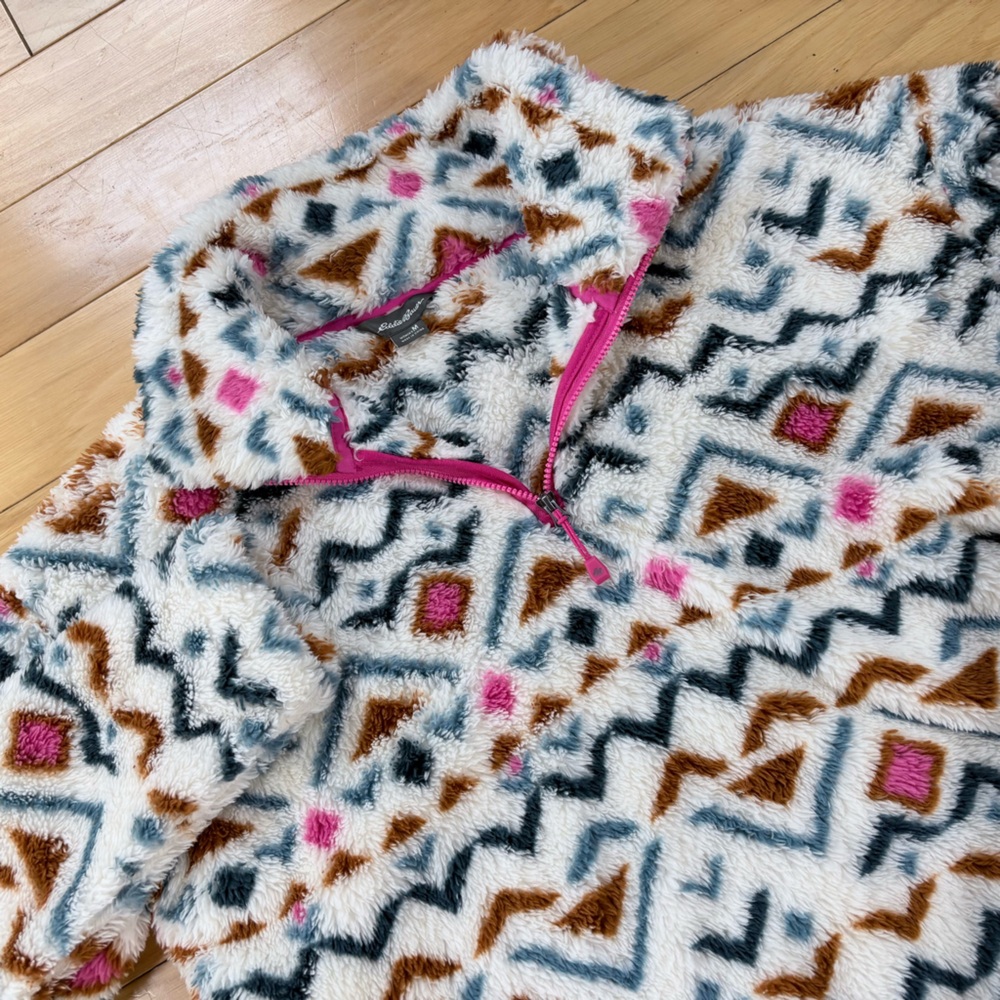 Eddie Bauer 1/4 Zip Plush Fleece Womens Sz M White Aztec Print Pullover Shirt